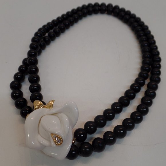 Kenneth J. Lane KJL for Avon Black Beaded Multi Strand Necklace Rose Bling 14" - Picture 8 of 16